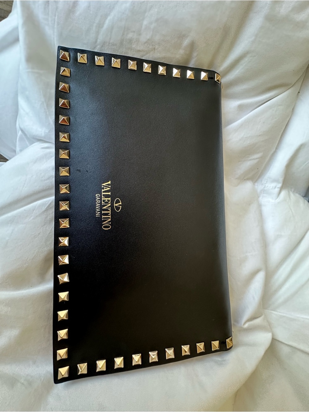Valentino Garavani Black Leather Rockstud Envelope Clutch with Gold Hardware